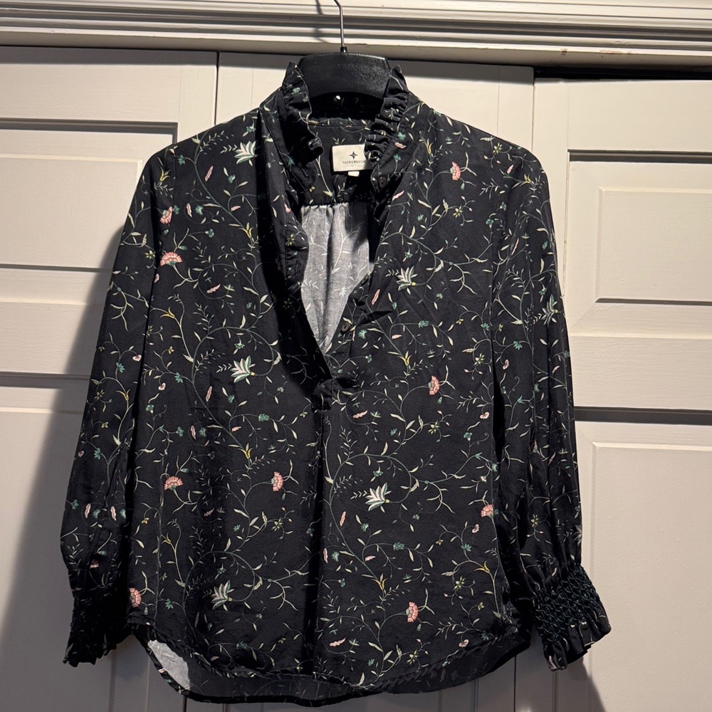 Tuckernuck Black Floral Blouse with Ruffles